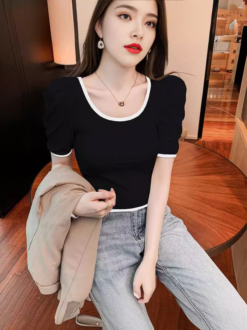 Contrast Color U-collar Short-sleeved T-shirt Women's 2024 Summer New Korean Style French Style Retro Puff Sleeve Sexy Short Top Trendy