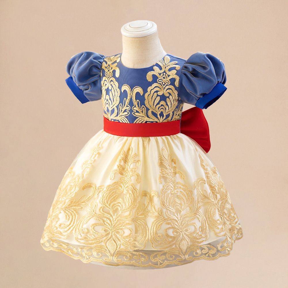 Girls Dress 2025 New Foreign Trade Children's Clothing Bubble Snow White Embroidered Satin Children's Mesh Puff Skirt