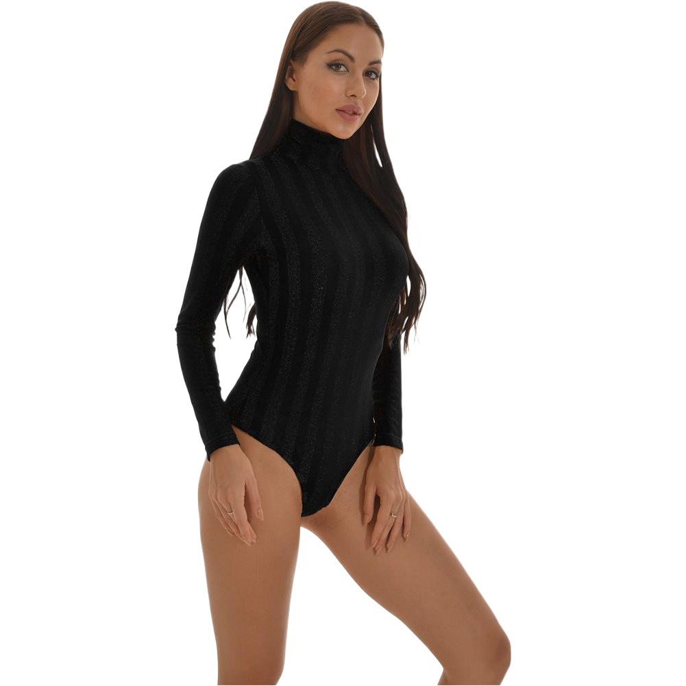 Picture of Cross-border New Women's AliExpress Amazon Long Sleeve High Neck Sexy Silver Mesh Slim All-match All-match All-suit