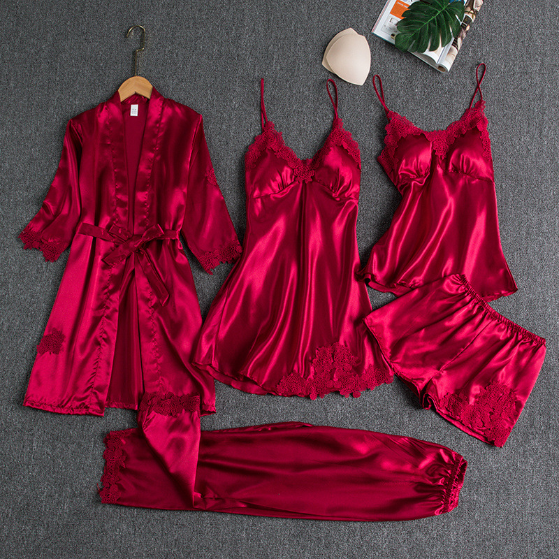Pajamas Women's Summer Ice Silk Sexy Hot Adult Spring and Autumn Long Sleeve Thin Women's Nightgown Five suit Hair