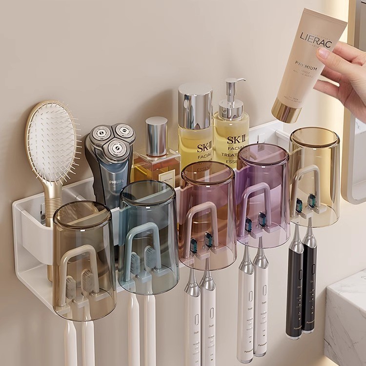 Picture of Toothbrush Storage Rack Non-Punch Brush Cup Mouthwash Cup Rack Wall-Mounted Bathroom Household Toothware Hanger