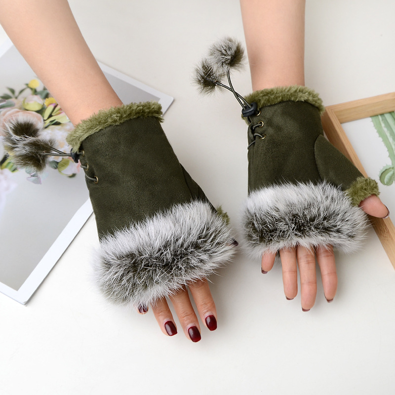 Picture of Factory sales suede rabbit fur half finger gloves women winter gloves warm gloves computer gloves wholesale