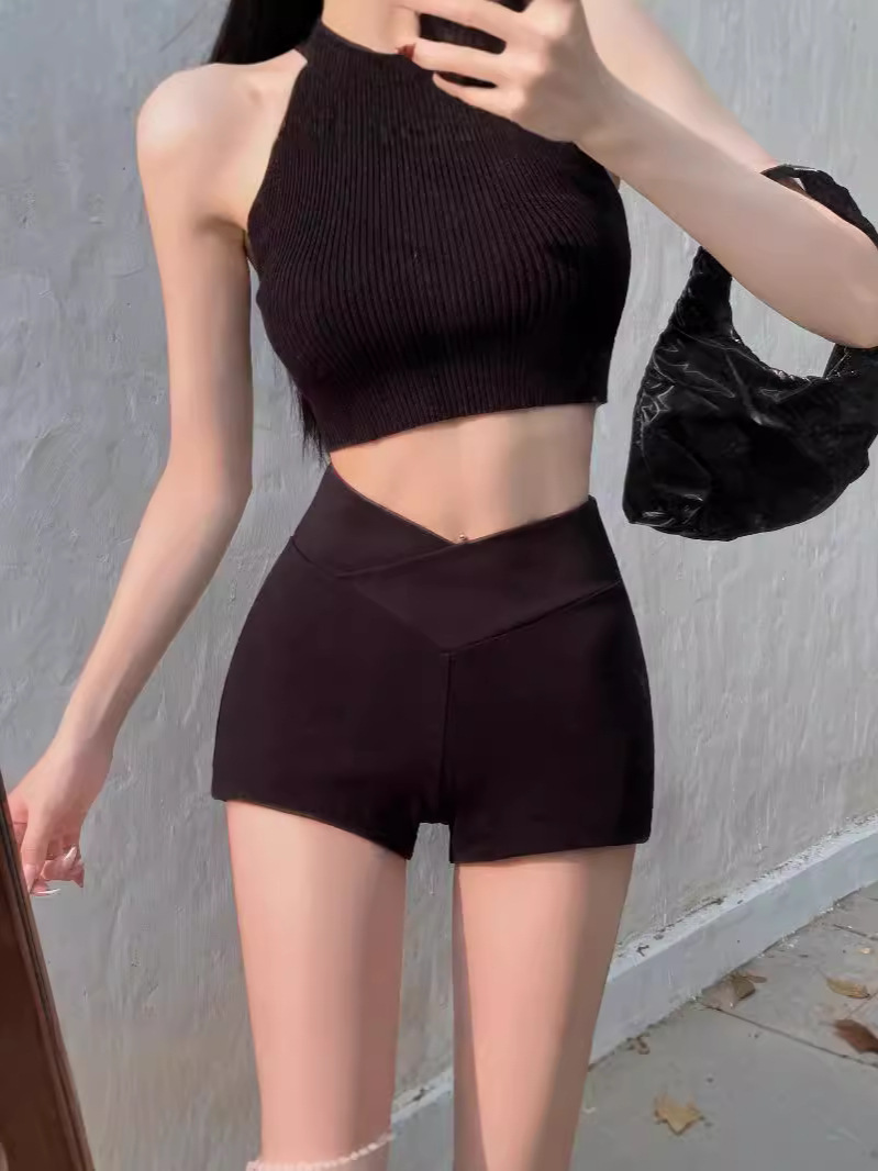 khaki V Waist Casual Sports Shorts Women's Autumn Hot Girl High Waist Slimming Tight Stretch Outer Wear Bottoming Hot Pants