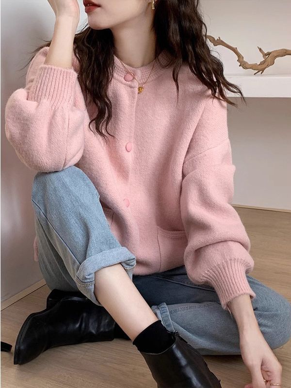 Lazy style pink sweater coat for women autumn and winter New Korean style loose all-match soft glutinous long sleeve knitted cardigan top