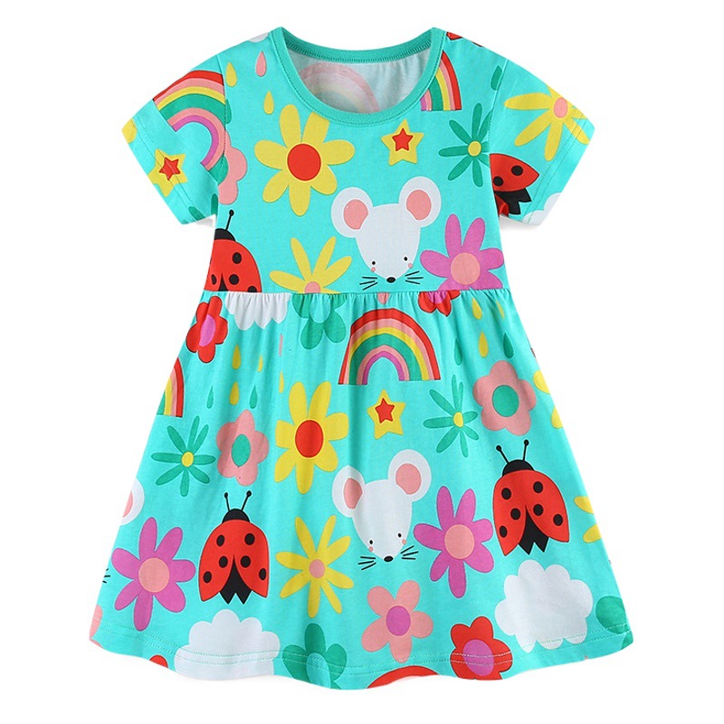 Summer New Kids Skirt Wholesale Girls Cartoon Animal Print Princess Skirt Baby Crewneck Cotton dress