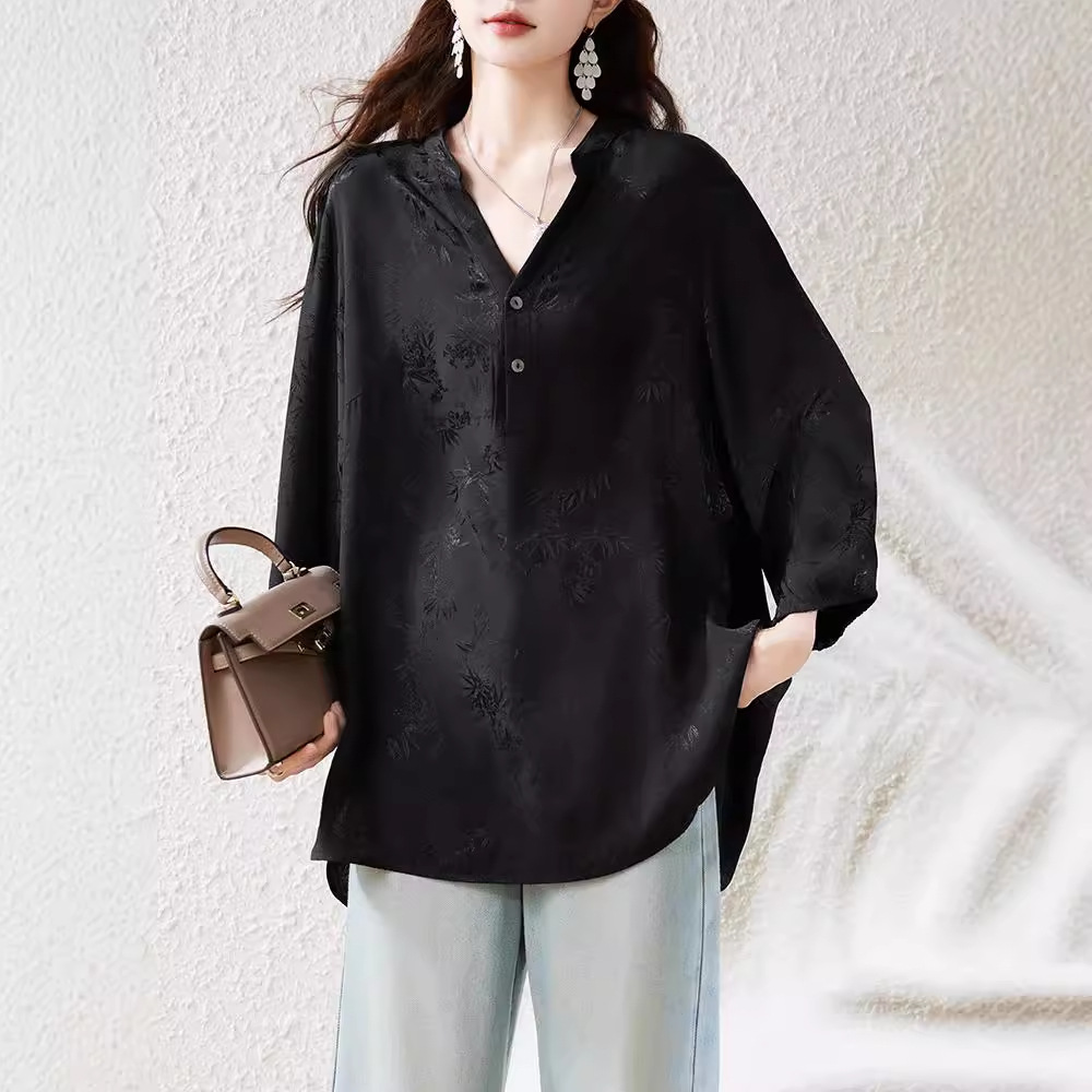 Real Shot in Stock V-Neck Jacquard Black Shirt for Women 2025 Spring and Autumn New Style New Chinese Style Long-Sleeved Top Plus Size Women
