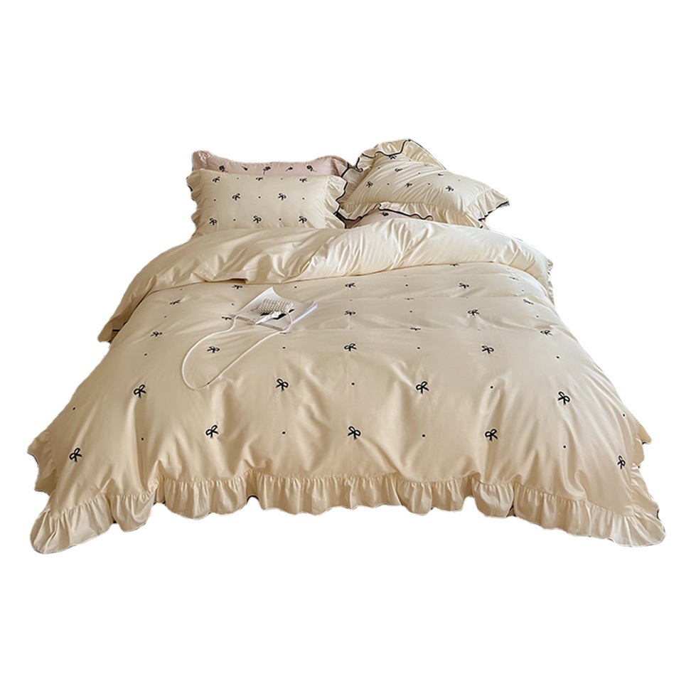 Fresh and Simple Korean Style All-Cotton Long-Staple Cotton Lace Simple Bow Embroidery Quilt Cover Four-Piece Bedding Set