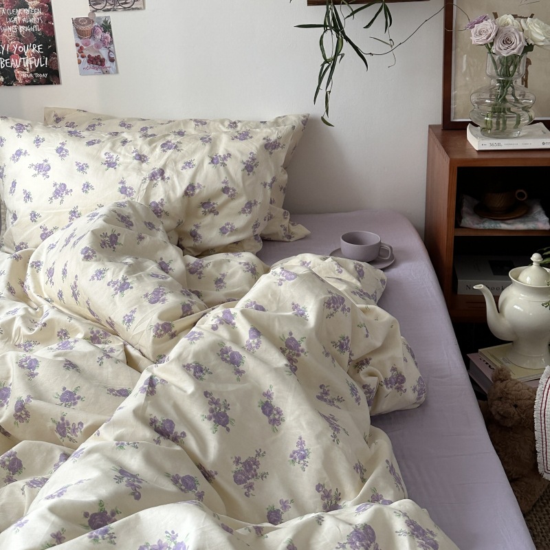 Picture of Small fresh pastoral style cotton bed four-piece set cotton bed sheet quilt cover quilt cover bed hat dormitory three-piece set