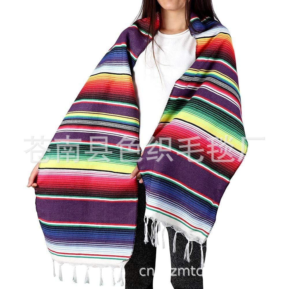 Cotton Table Runner Mexican Style Rainbow Shawl Blanket American Indian Style Tablecloth 35X215CM Tassel
