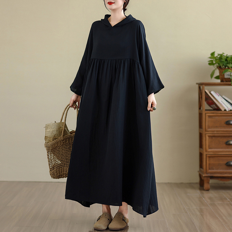 Plus size women's pre-autumn long sleeve new retro niche gentle style high-end double veil hooded print dress