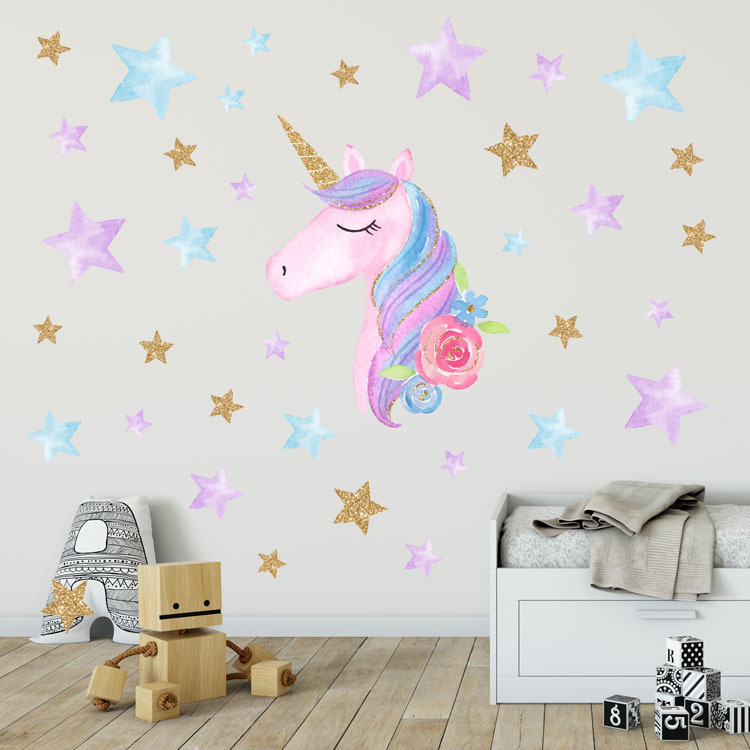 Cross-Border New Unicorn Star Cartoon Wall Stickers Living Room Bedroom Kidsren's Room Kindergarten Decoration Pvc Stickers