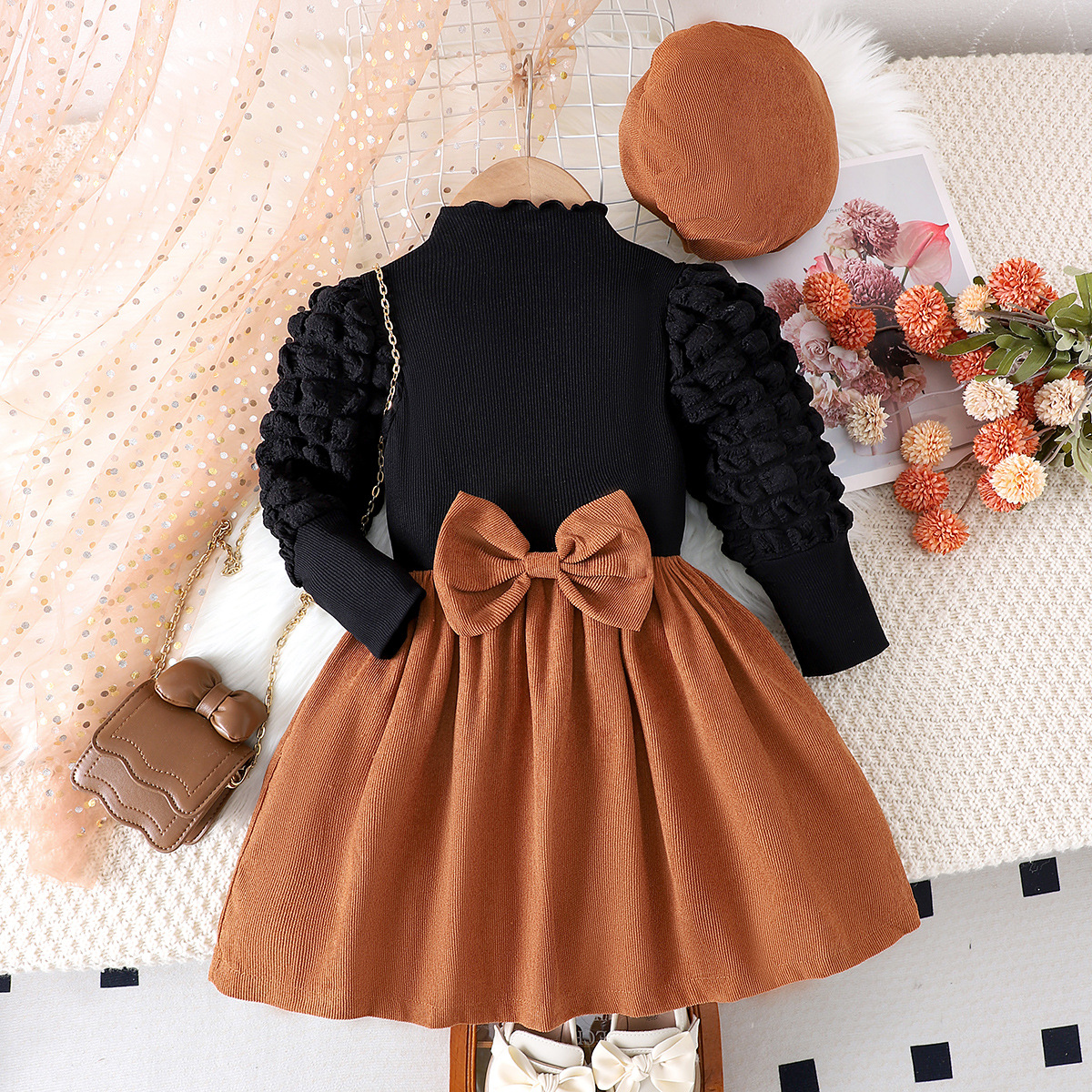 Foreign Trade Girls Baby Bubble Long Sleeve High Collar Stitching brown Bow Girls dress