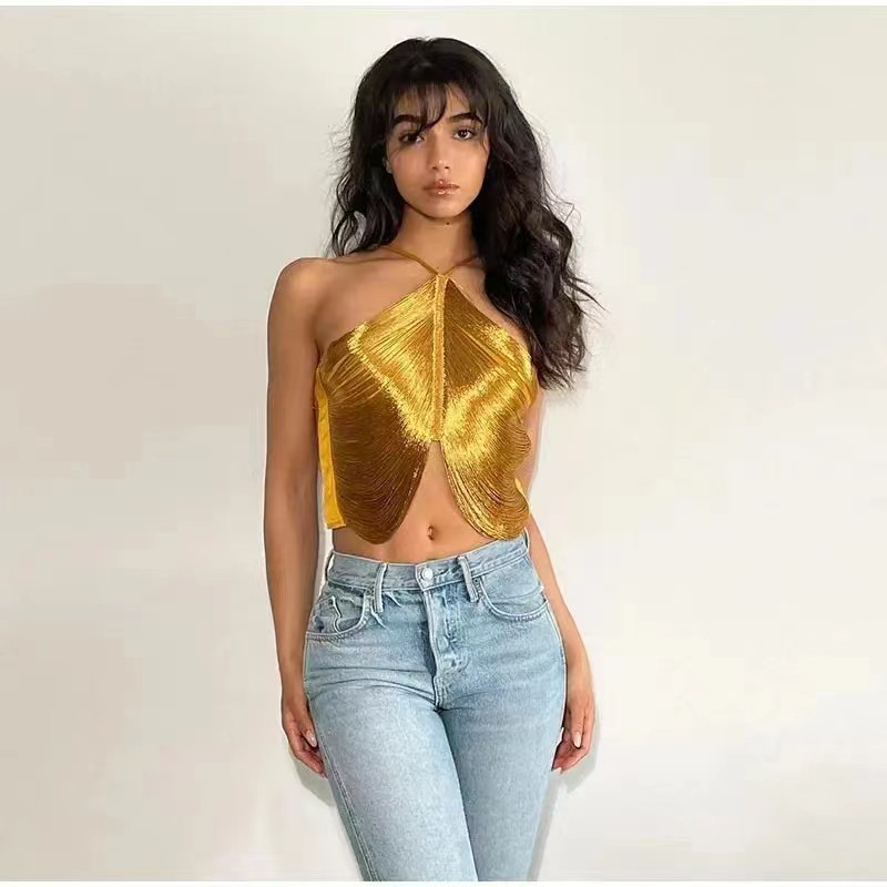 Picture of New Cross-Border Export European and American Style Sexy Off-Shoulder Camisole Asymmetrical Tassel Halter Top