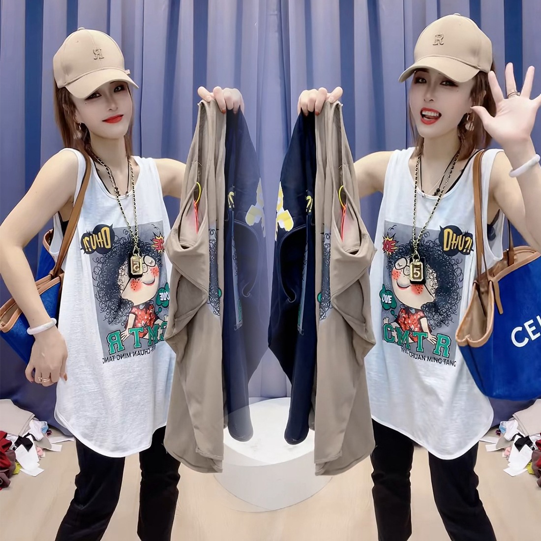 Extras Size 1.00 kg-150.00 kg chubby girl Summer New Curly Hair Beauty Pattern Camisole Casual Sleeveless T-shirt Women's Trendy