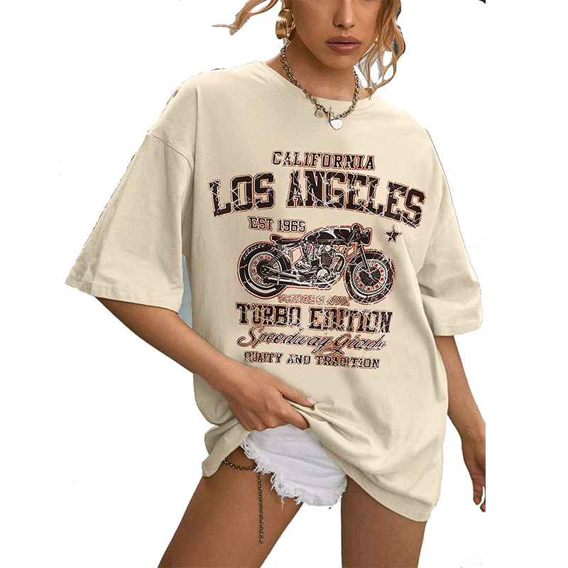 Autumn round neck single wear skin color cotton pullover printed loose urban casual short sleeve loose shirt