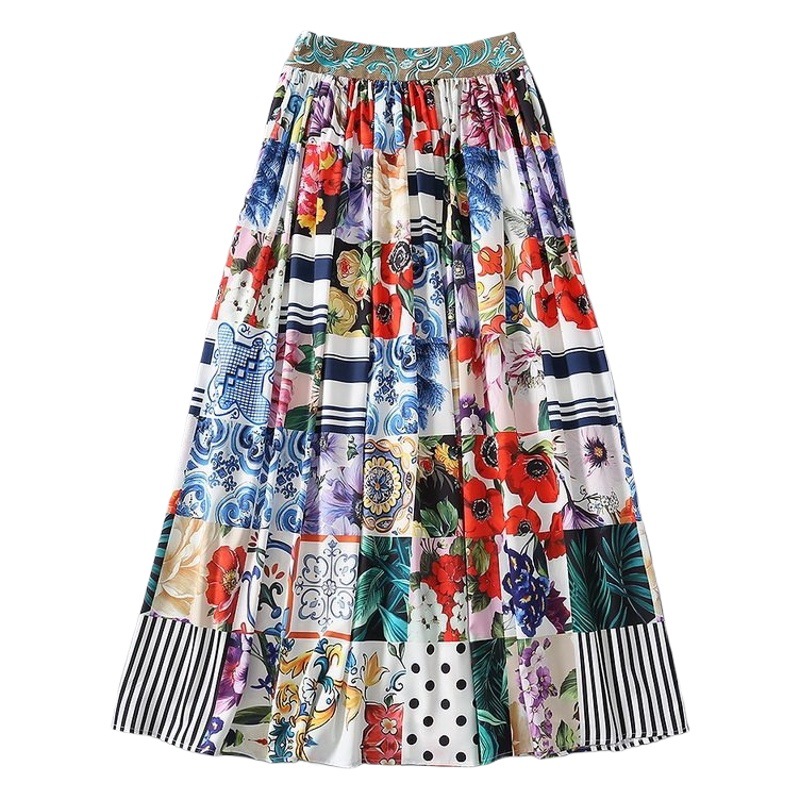 skirt high waist large swing skirt 2023 Summer new four-sided stretch Plaid contrast color printed skirt for women