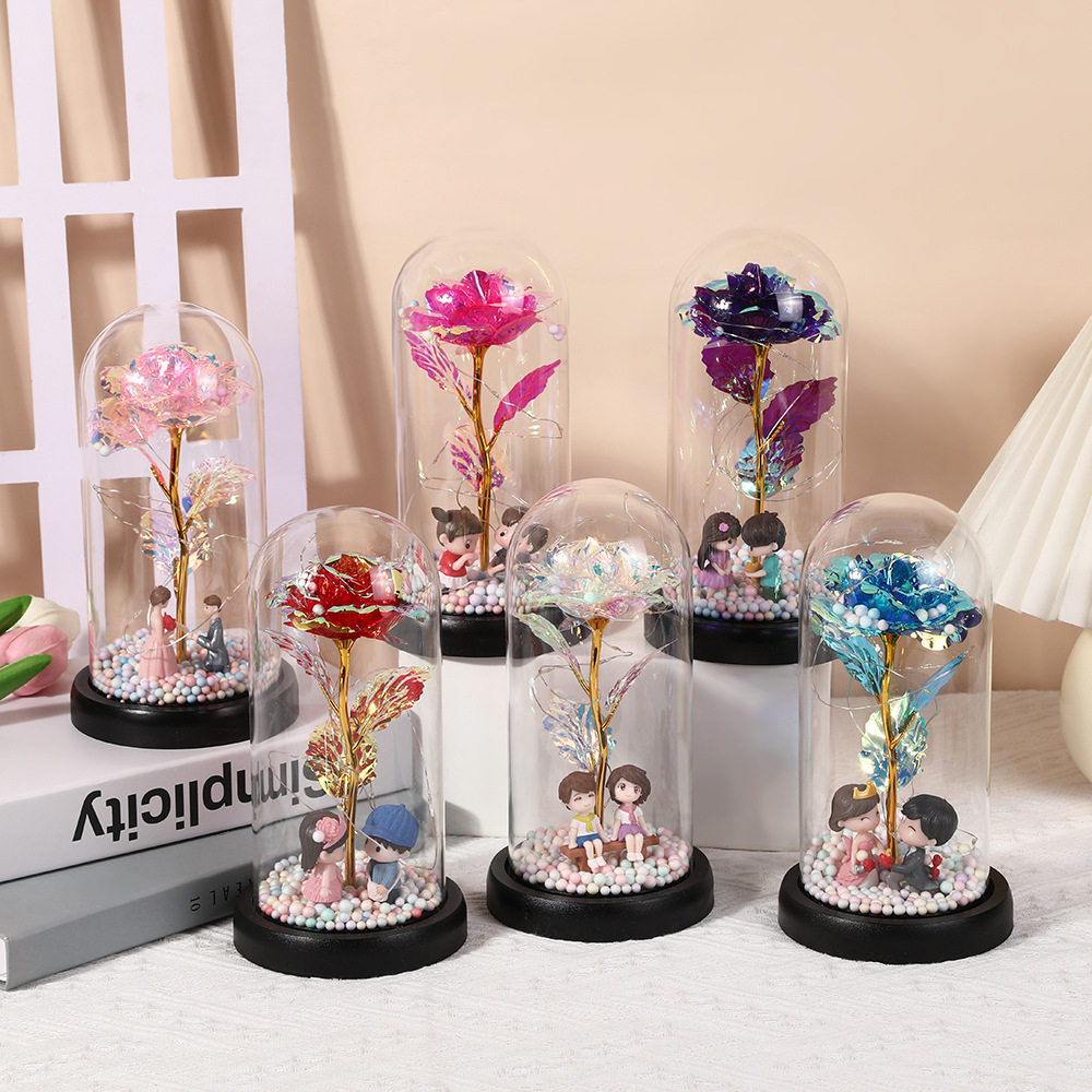 Picture of Valentine's Day Eternal Flower Glass Cover Finished Product Valentine's Day Doll Rose Gold Foil Flower Gift Ornament Birthday Gift