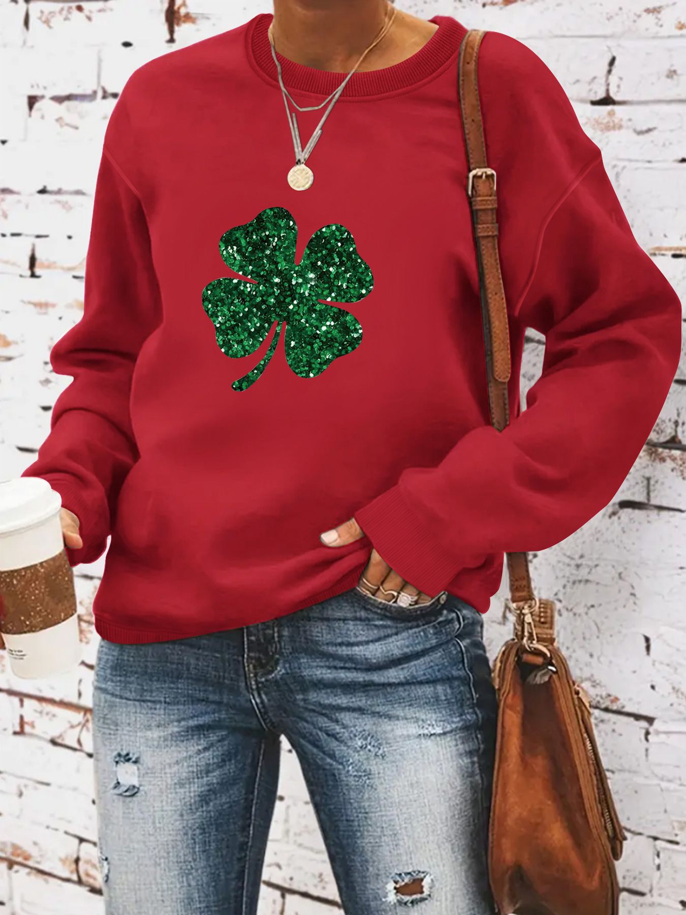 Picture of European and American Cross-border Autumn and Winter Women's Casual Long-sleeved Crewneck St. Patrick's Day Four-leaf Clover Pullover Sweatshirt Sweatshirt
