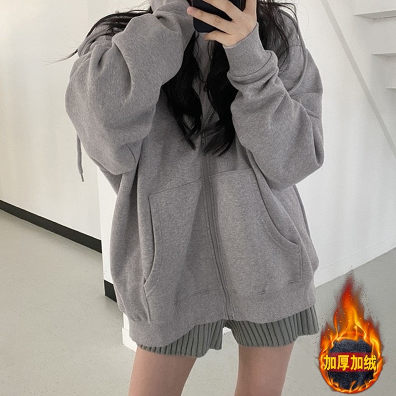 Picture of Fleece-lined thickened sweater New loose oversize sweater cardigan zipper couple coat women's new early spring and autumn
