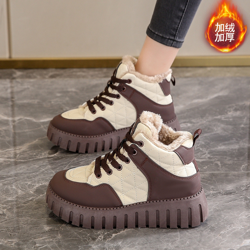 Snow boots women 2024 winter new thick-soled cowhide leather fleece-lined short boots waterproof non-slip warm high-top cotton shoes