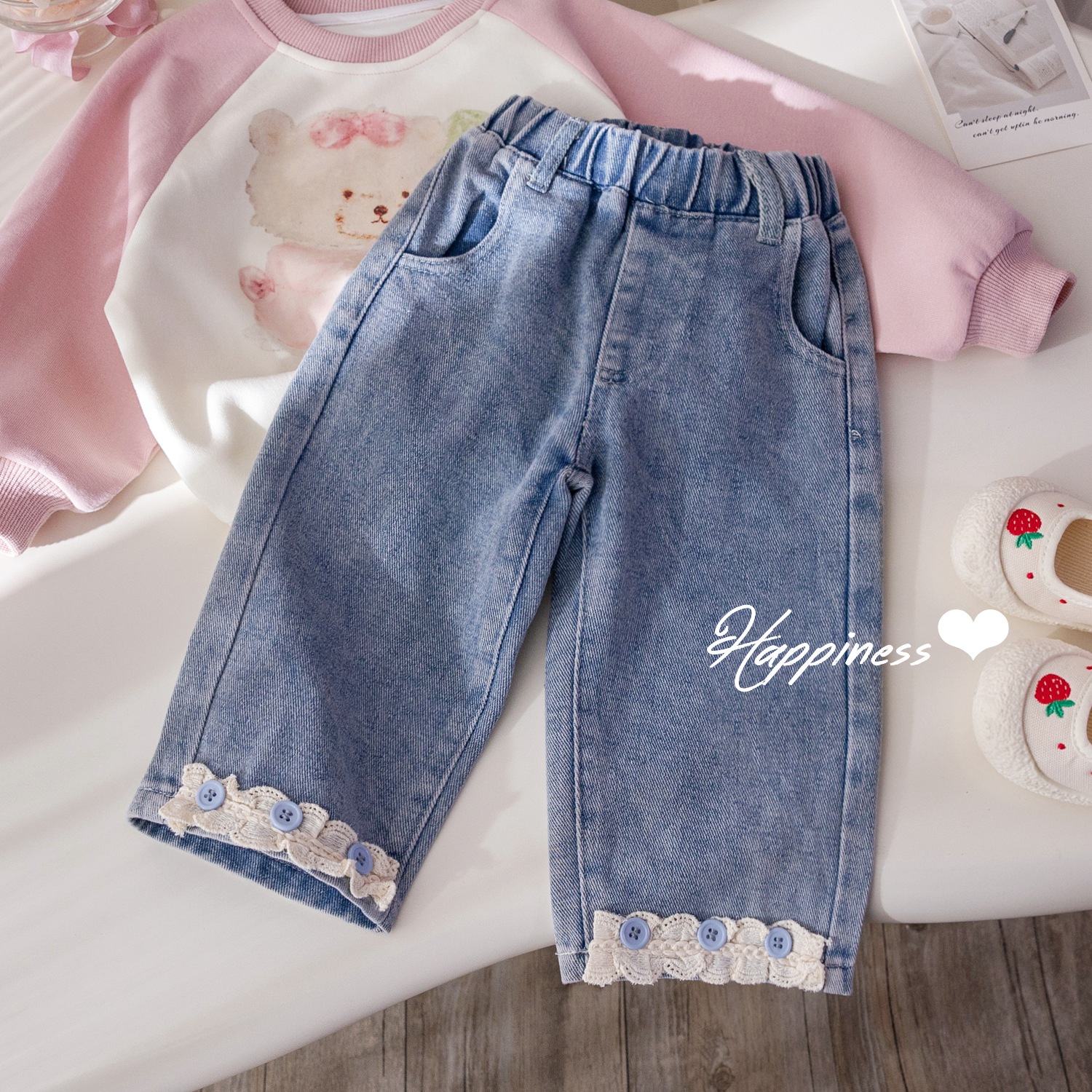 Picture of Girls' Jeans Spring and Autumn New Fashionable Lace Lace Casual Pants Baby Female Korean Style Western Style Straight Trendy Trousers