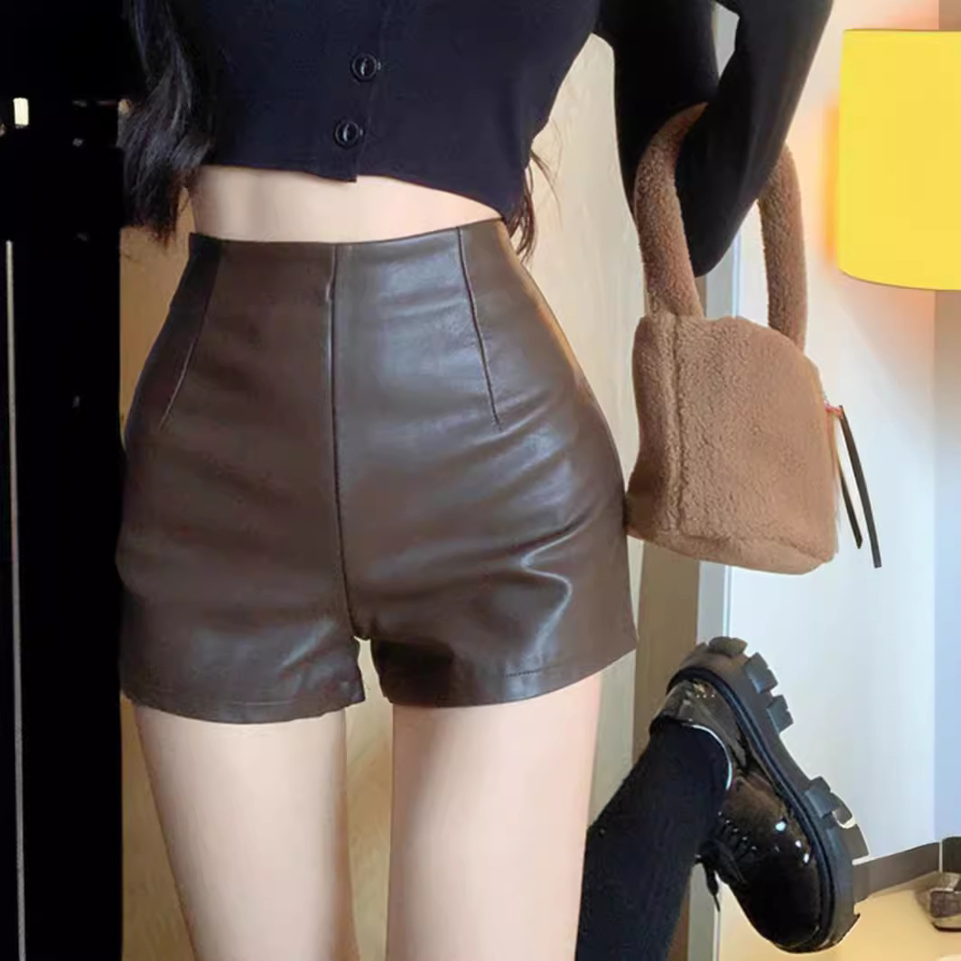 pu leather shorts women's 2024 new spring and autumn hot pants hot girls high waist close-fitting slimming tight pants casual pants