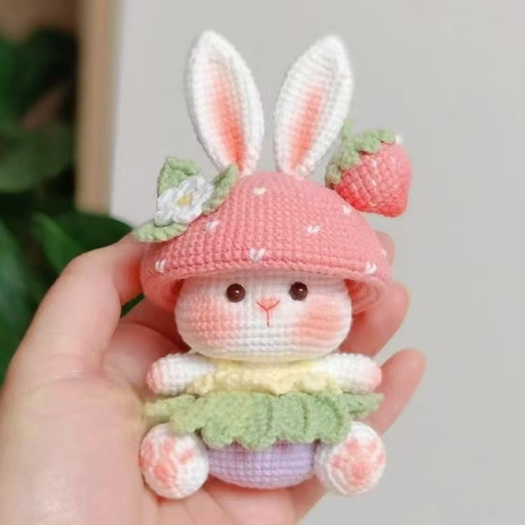 Wool Crochet Cute Strawberry Rabbit Doll DIY Homemade Material Bag Handmade Crochet Key Pendant for Gift