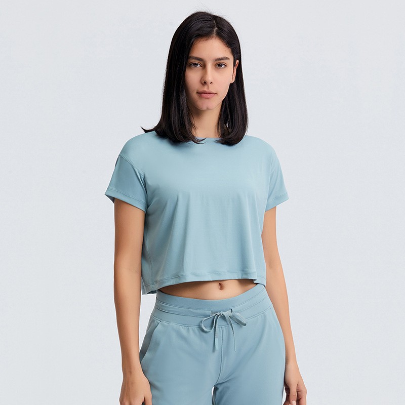 Spring and Summer Navel-Baring Loose Yoga Clothing Top Short Running Training Fitness Sports Short-Sleeved Ds071
