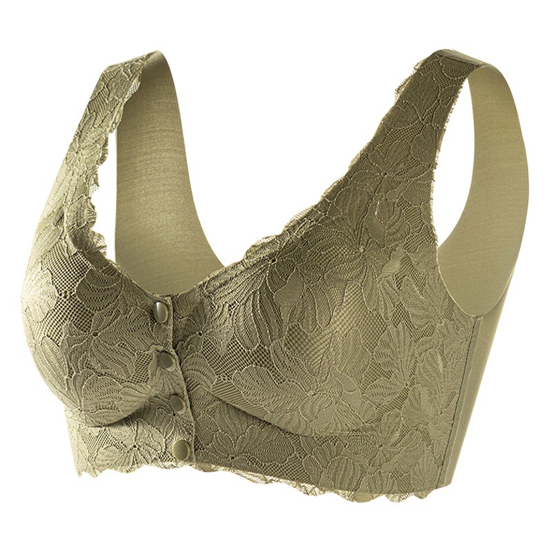 Middle-aged and elderly bra front buckle seamless thin cup gathered without steel ring fixed cup high elastic lace vest women's underwear