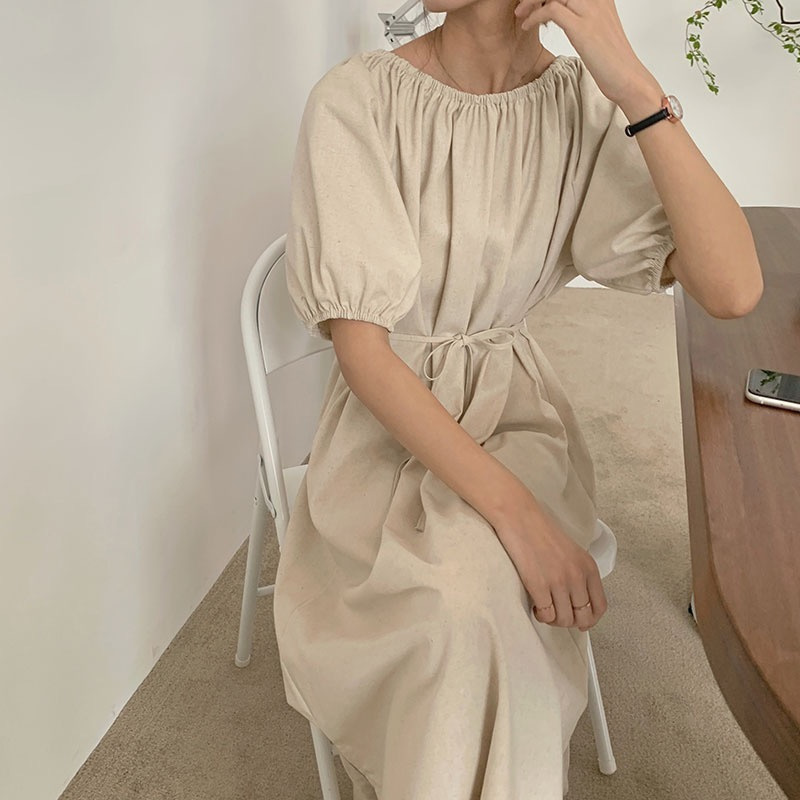 French Retro Round Neck Puff Sleeve dress Women's Summer plus size Lace-up Waist Slimming Casual Gentle Long Dress
