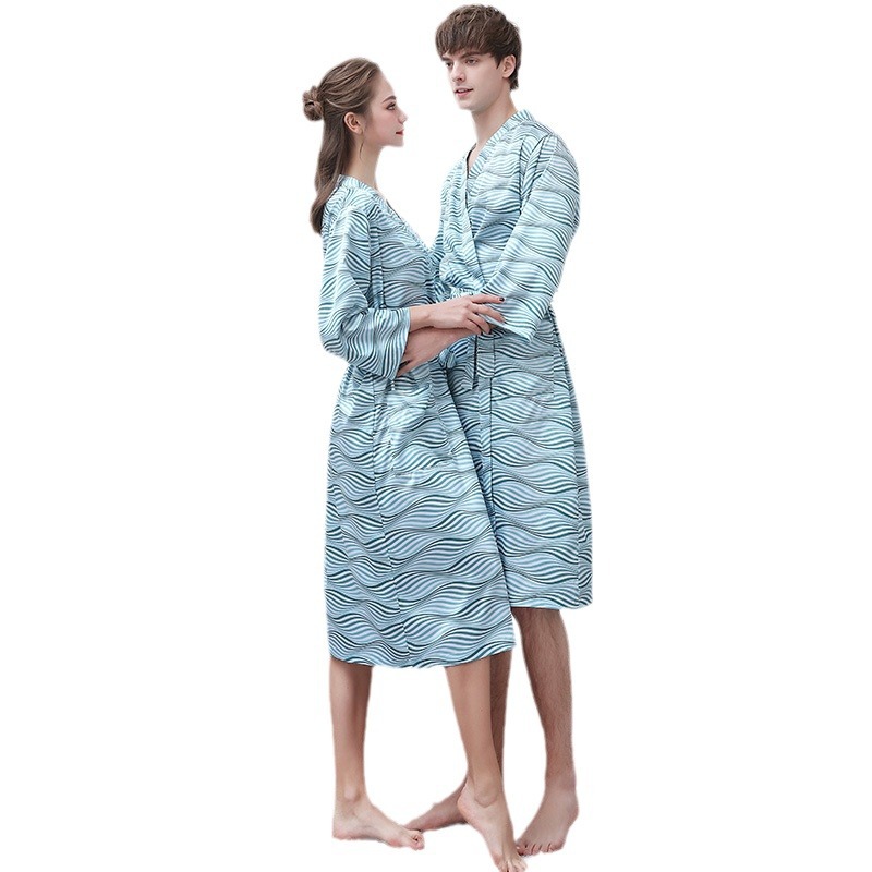 Picture of Couple ice silk bathrobe women's summer thin digital printing artificial silk nightgown men's plus size pajamas spring and autumn