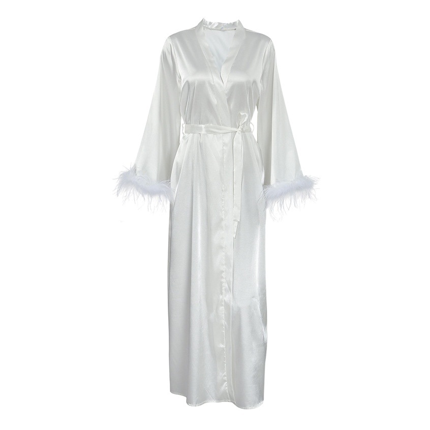 2024 European and American Autum New Imitation Silk Feather Long-Sleeved Pajamas, Comfortable Straps, Women's Home Clothes