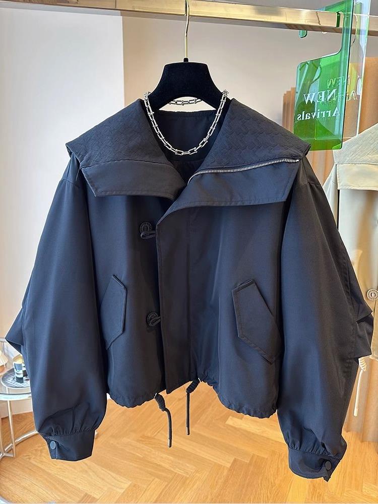 Picture of Short Coat Women's Spring and Autumn Navy Collar Korean Casual Trendy Loose Western-style Design Buckle Jacket Top Niche