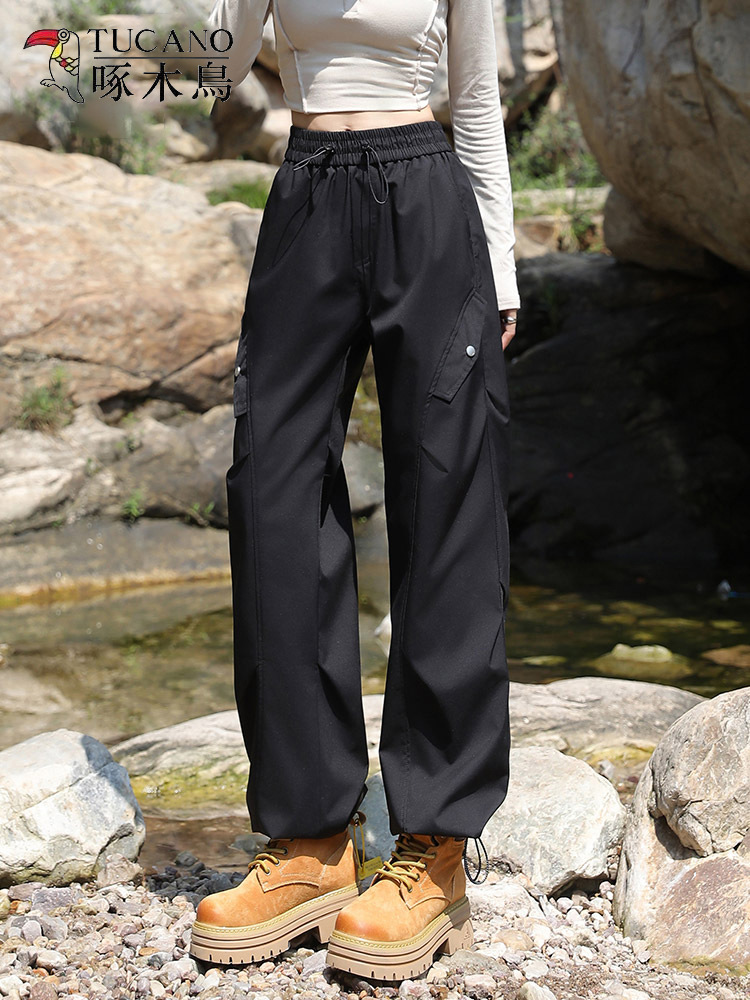 Woodpecker charging cargo pants women's 2025 spring and autumn new loose slimming fleece thickened straight sports trousers women