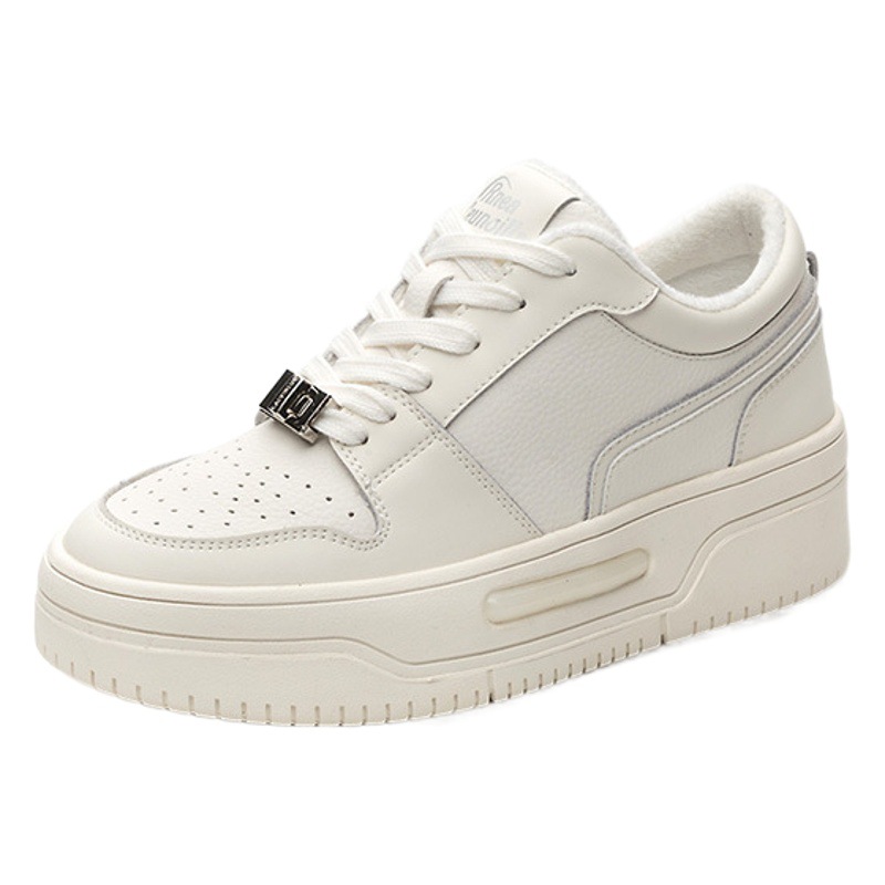Round Toe Color Matching Sneakers for Women 2025 Spring New Thick-Soled Genuine Leather White Shoes Breathable Versatile Casual Shoes Flats for Women