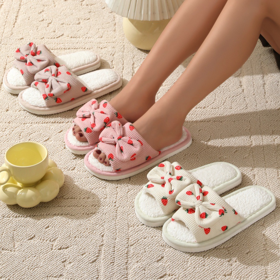 Girly Cotton Slippers for Women, Suitable for Spring and Autumn, Indoor Home Use, Non-Slip, Cute Bowknot, Furry Slippers