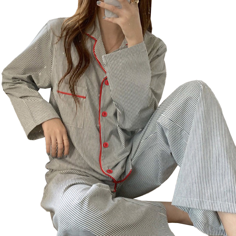 Picture of New Ins Pajamas for Women Simple Stripesd Internet Celebrity Long-Sleeved Cardigan Girl Korean Version Thin Home Wear Set Wholesale