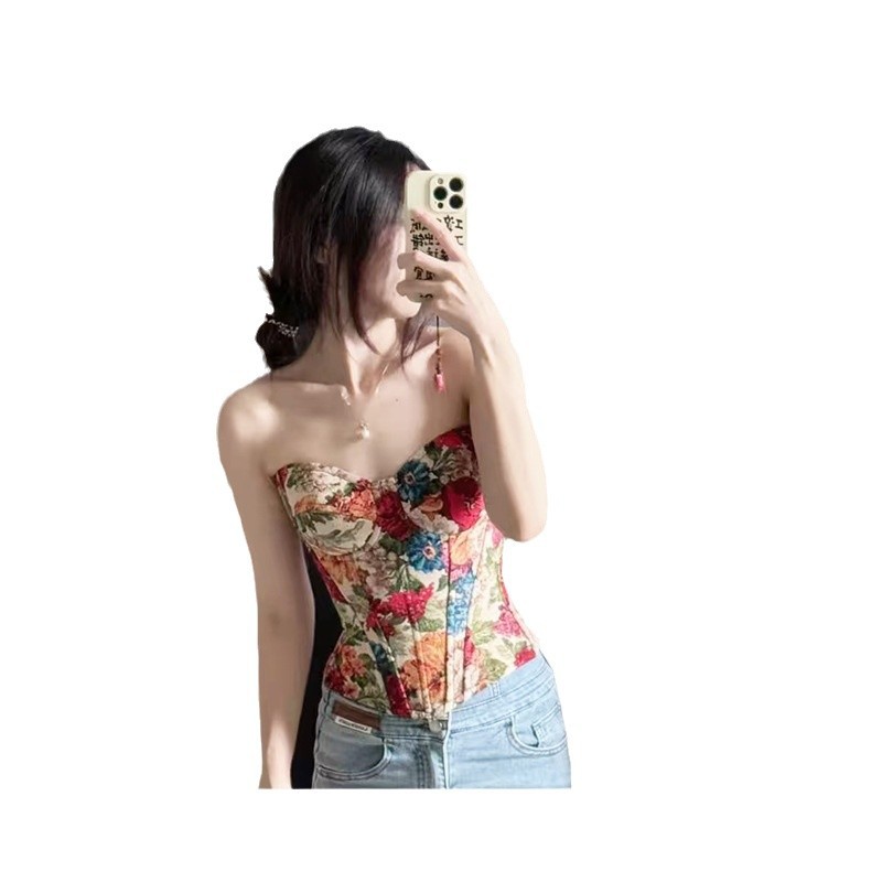 Picture of Street Retro Flower Print Monet Oil Painting Retro Fishbone Vest Tight Push-Up Body Shaping Dress Corset for Women