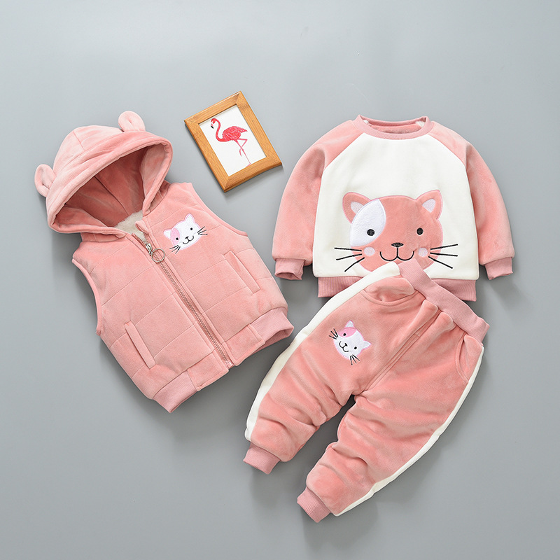 Boys and Girls Kitten Set Explosions Autumn and Winter Girls New Boys and Children Velvet Gold Velvet Three-piece Set Cute Hair