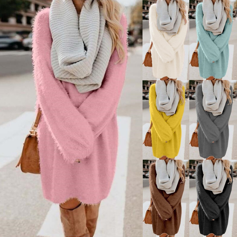 2021 European and American cross-border autumn and winter New Amazon ebay mid-length loose plush dress sweater dress