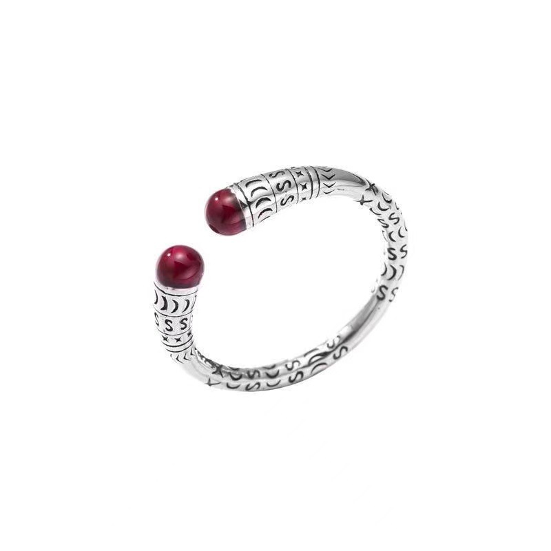 Picture of Retro style fashion match Ring red agate vintage distressed Thai silver unisex ring adjustable ring
