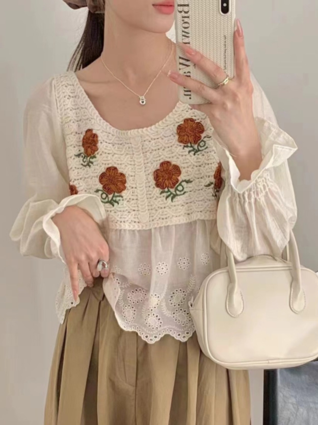 Bubble Sleeve New Chinese Style Light National Style Small Shirt Stitching Elegant Fashion Two-Piece Mori Top Embroidered Knitted Shirt