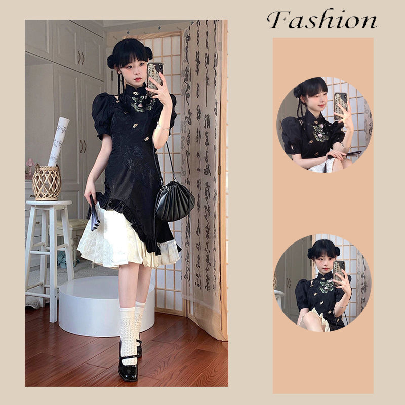 ~Slimming~Double-Layer Puff Sleeve Improved Cheongsam New Chinese Style National Dress 2024 Elegant High-End Waist-Cinching