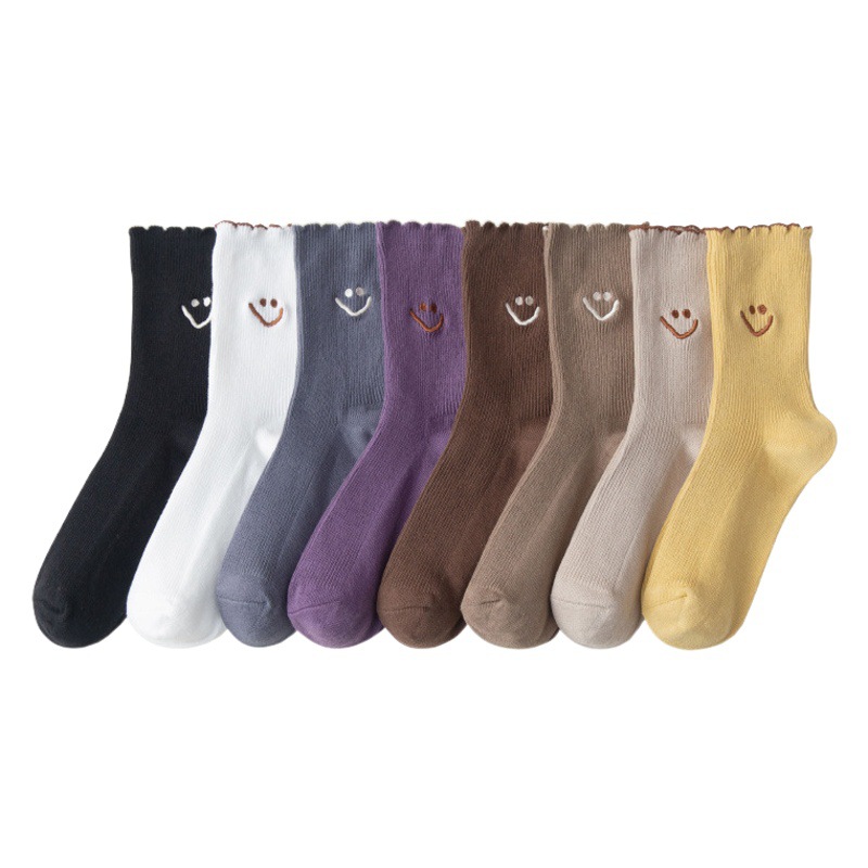 Smiley Socks Women's Autumn and Winter Cotton White Lace Instagram Style Trendy Black Japanese Style Cute Winter Stockings