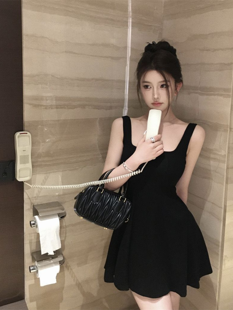French Style Elegant Hepburn Style Tight Waist Skirt Slimming Vest Sling dress Women's Summer Short A- Line Skirt