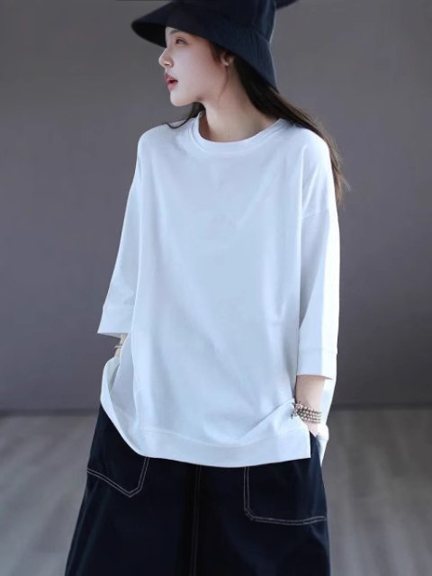 2025 Summer Loose T-shirt Women's Thin Round Neck Seven-Sleeve Commuter Creative Chest Printable Solid Color Top