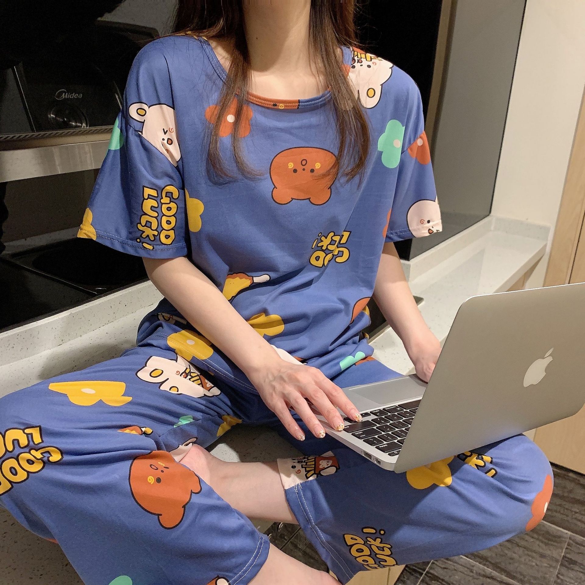 Picture of Pajamas Women's Spring and Autumn Summer Short-sleeved Trousers Large Size Loose Korean Style Fresh Cute Sweet Student Home Suit