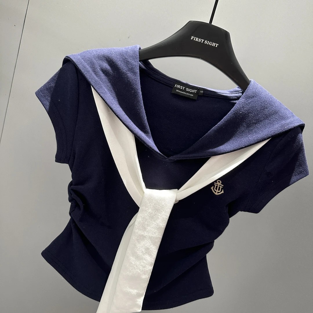 Picture of Korean Style Navy Collar Casual Sportswear Suit for Women Summer Vacation Two-Piece Shawl + Short Skirt Two-Piece Set Ins