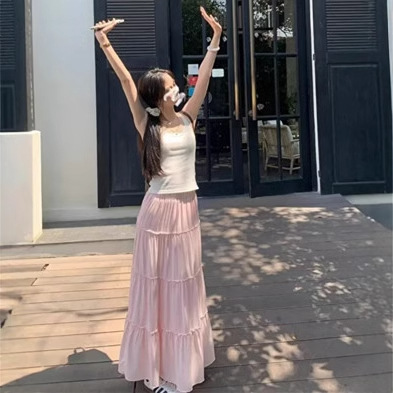 White Skirt Women's Spring and Autumn 2025 New High Waist Slim A- line Long Skirt Small Puff Cake Skirt