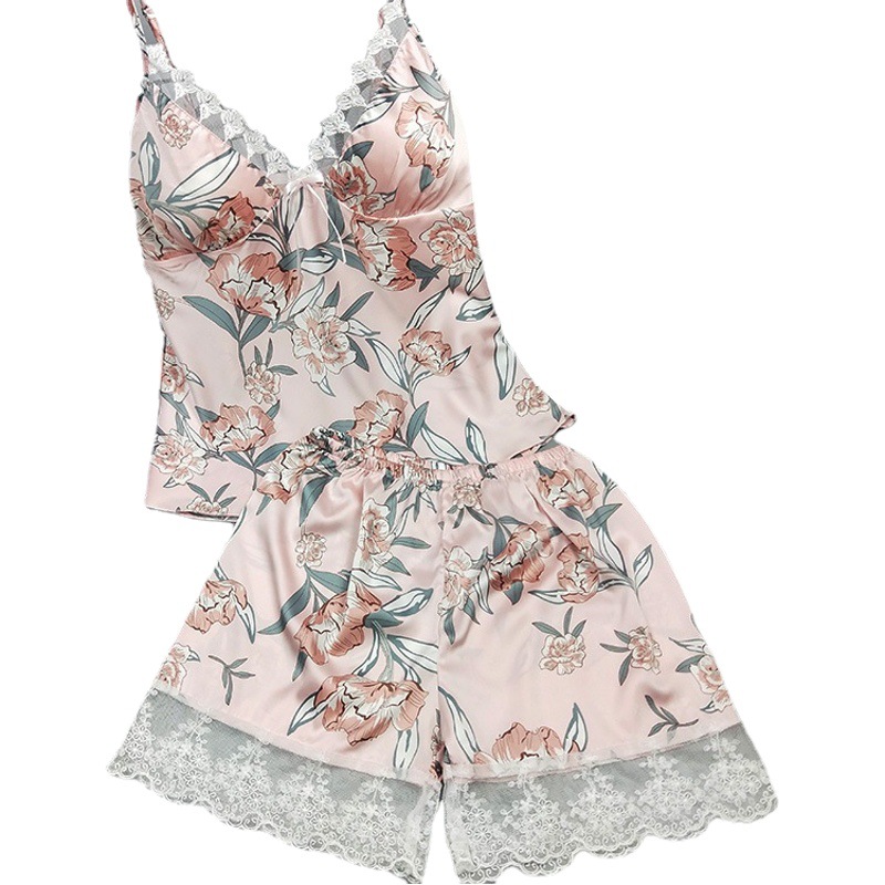 Foreign trade supply artificial silk super long European and American sexy home printing split pajamas sexy suit